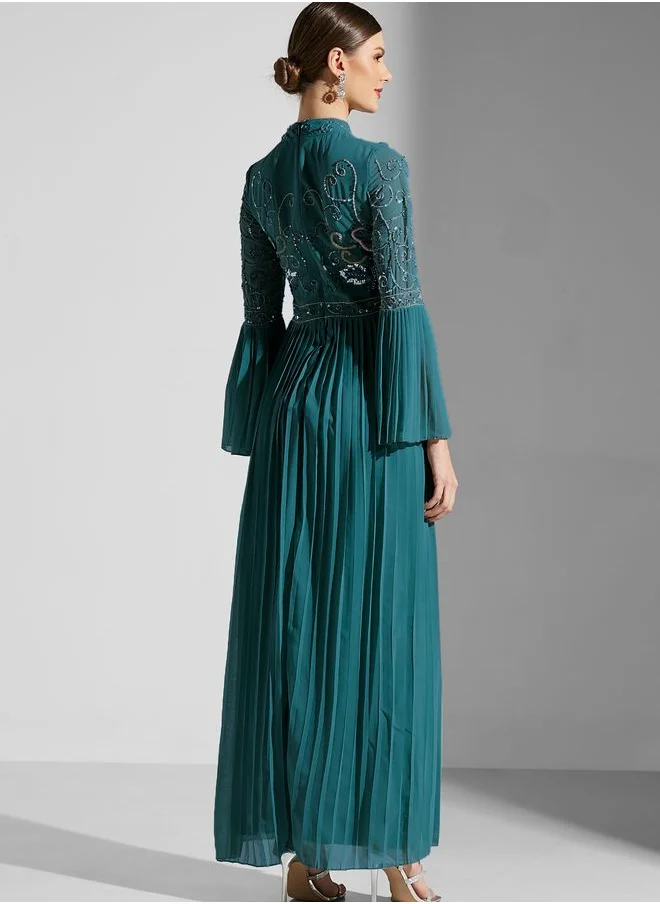 Frock and Frill Flute Sleeve Sequin Detail Dress