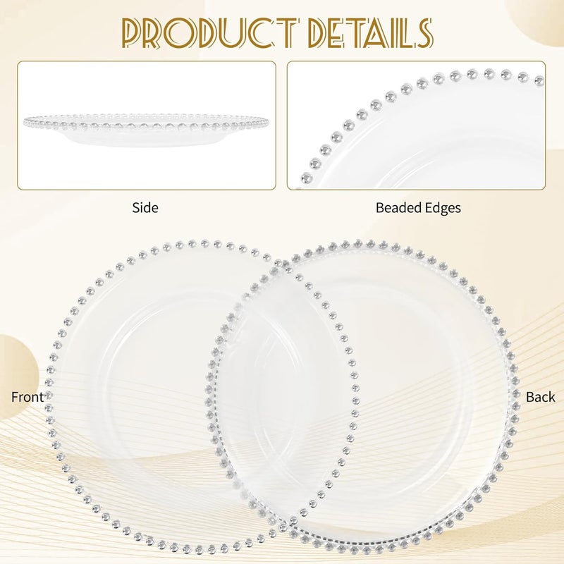 FXKS 24 PCS Clear Round Charger Plates with Beaded Rim 13 Inch Plastic Acrylic Plate Plastic Round Beaded Dinner Decorative Service Plates for Wedding Party Event Home Kitchen TabletopSliver - Image 4