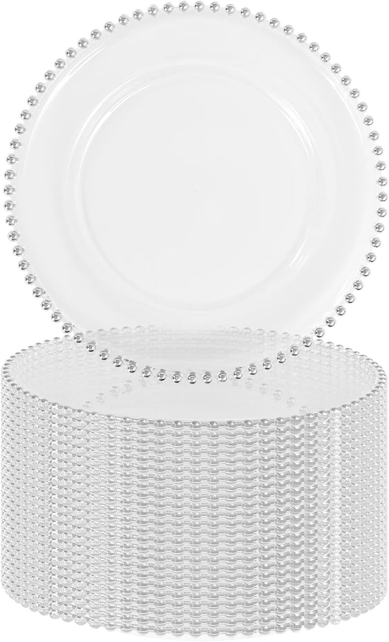 FXKS 24 PCS Clear Round Charger Plates with Beaded Rim 13 Inch Plastic Acrylic Plate Plastic Round Beaded Dinner Decorative Service Plates for Wedding Party Event Home Kitchen TabletopSliver - Image 1