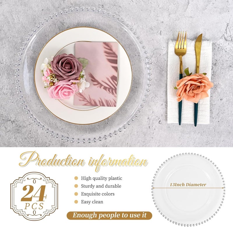 FXKS 24 PCS Clear Round Charger Plates with Beaded Rim 13 Inch Plastic Acrylic Plate Plastic Round Beaded Dinner Decorative Service Plates for Wedding Party Event Home Kitchen TabletopSliver - Image 2