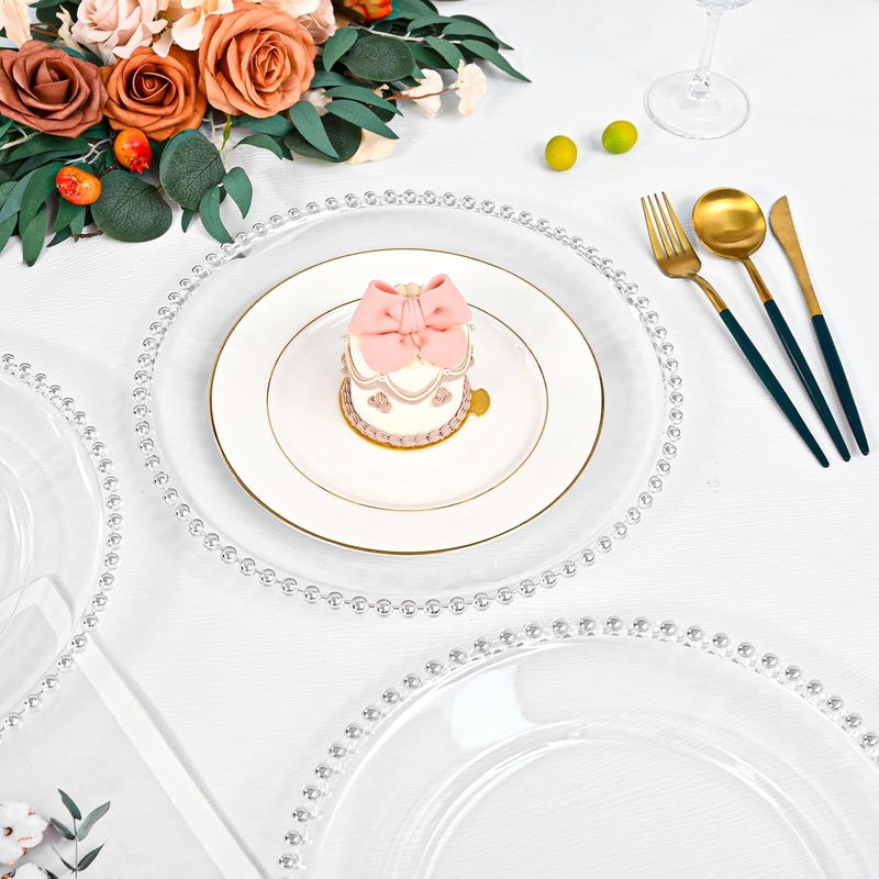 FXKS 24 PCS Clear Round Charger Plates with Beaded Rim 13 Inch Plastic Acrylic Plate Plastic Round Beaded Dinner Decorative Service Plates for Wedding Party Event Home Kitchen TabletopSliver - Image 5