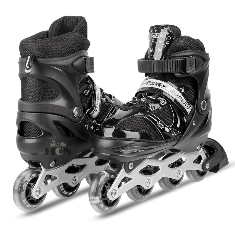 HCN Inline Skates with PU Flashing Wheel Aluminum Body in-Line Skates with Size Adjustable with LED Flash Lights Set for Boys Kids and Girls Length for Age 8-16 Years (Black) - Image 1