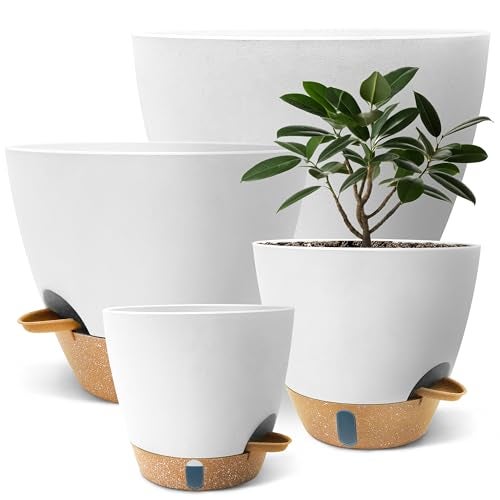 SORANGEUN 12/10/9/8 inch Self Watering Pots with Visual Water Window, Extra Large Self Watering Plant Pot with Drainage Holes and Saucers, White Flower Pots for Indoor Plants - Image 1