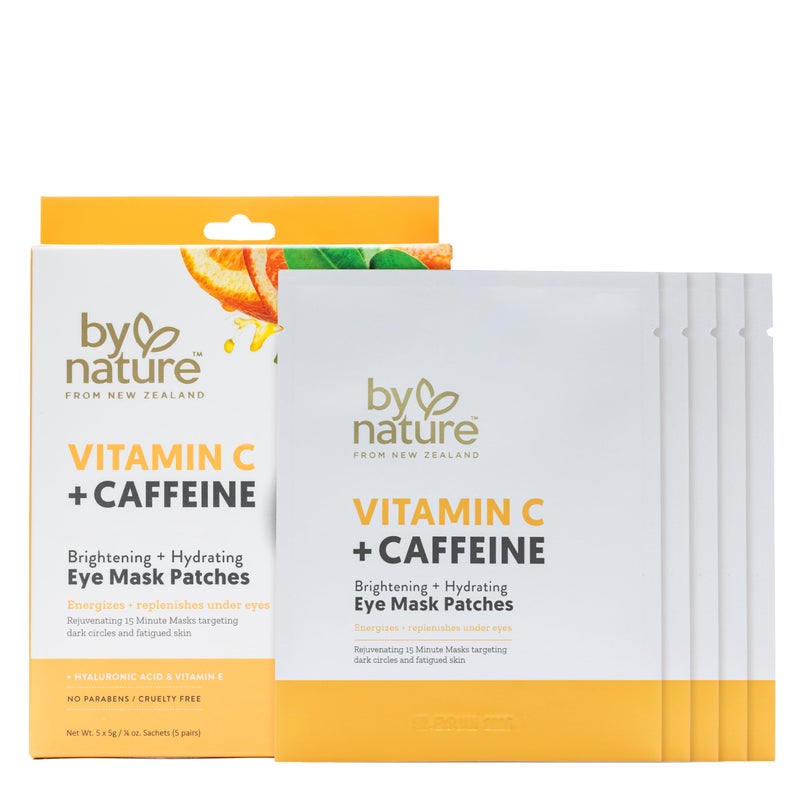 By Nature Vitamin C + Caffeine Brightening + Hydrating Under Eye Mask Patches - Energizing + Replenishing Eye Patches for Dark Circles - Skincare from New Zealand - Under Eye Patches - 5 Pairs