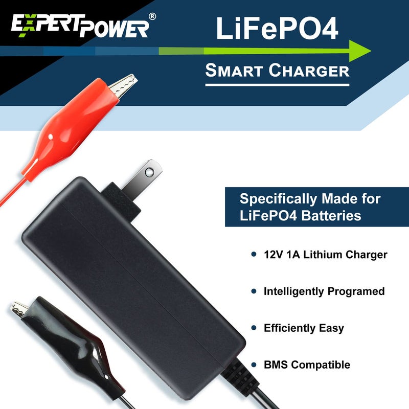 Expertpower 12V 1A Smart Charger For Lithium Lifepo4 Deep Cycle Rechargeable Batteries | Dc 5521 Male & Alligator Clips | Kids Ride On Toy Car | Best Choice  Wrangler Suv  Dynacraft - Image 3