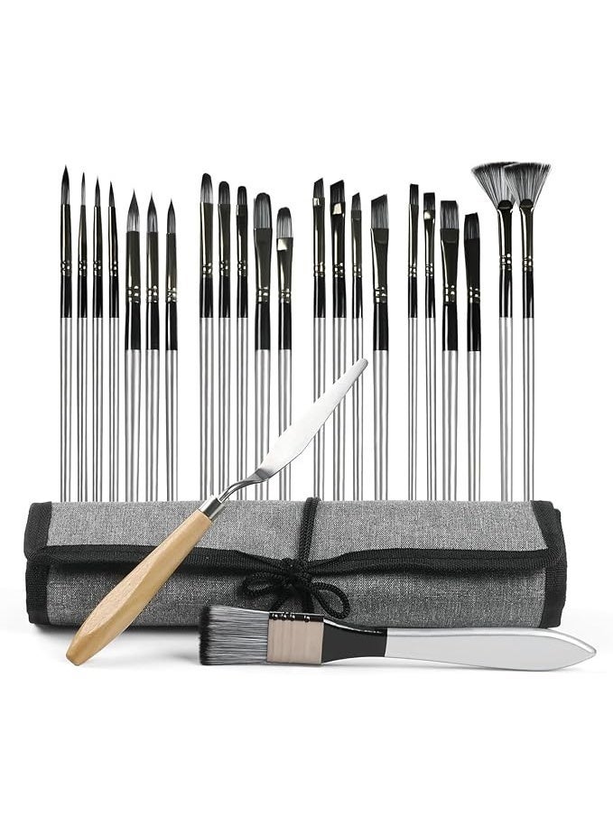 25 Piece Brush Set, Oil Painting Brushes, Watercolor Gouache Brushes, Acrylic Painting Brushes, With Canvas Brush Bag, Nylon Bristles, Suitable for Most Art Lovers, 24 Brushes, 1 Scraper - Image 1