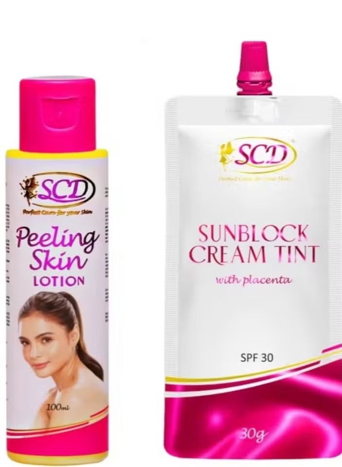 إس سي دي لوشن تقشير البشرة اس سي دي 100 مل + كريم الوقاية من الشمس اس سي دي ملون مع المشيمة SPF30