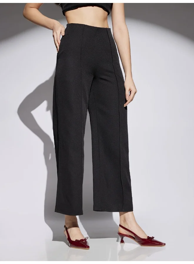 globus Women Black Solid Mid Rise Stretchable Wide Leg Cropped Formal Trousers