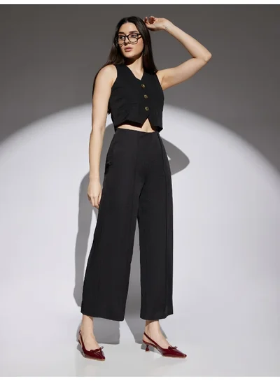 globus Women Black Solid Mid Rise Stretchable Wide Leg Cropped Formal Trousers