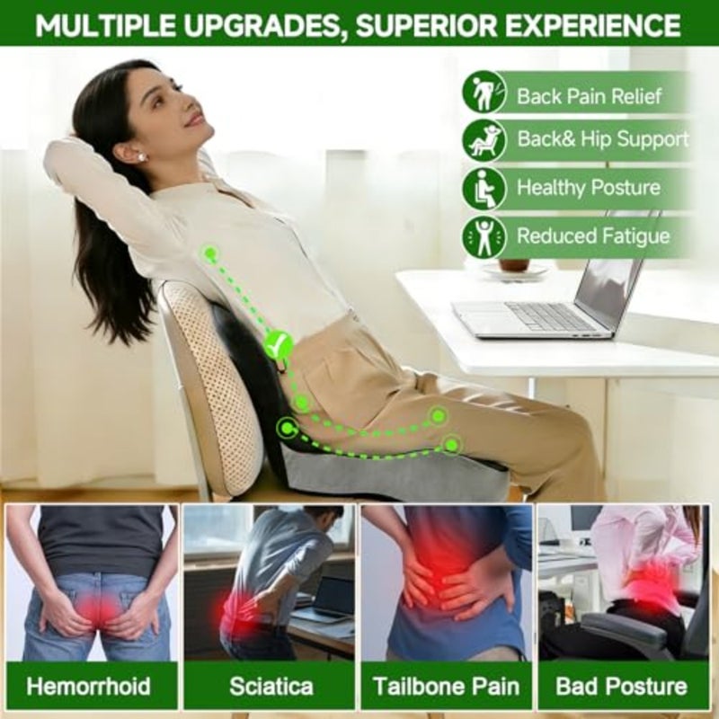 Office Chair Cushion Seat Cushion for Car Premium Memory Foam Lumbar Support Pillow with Coccyx Cut-Out For Tailbone, Back Sciatica Pain Relief Ergonomic Wheelchair Pad with Washable Cover - Image 2