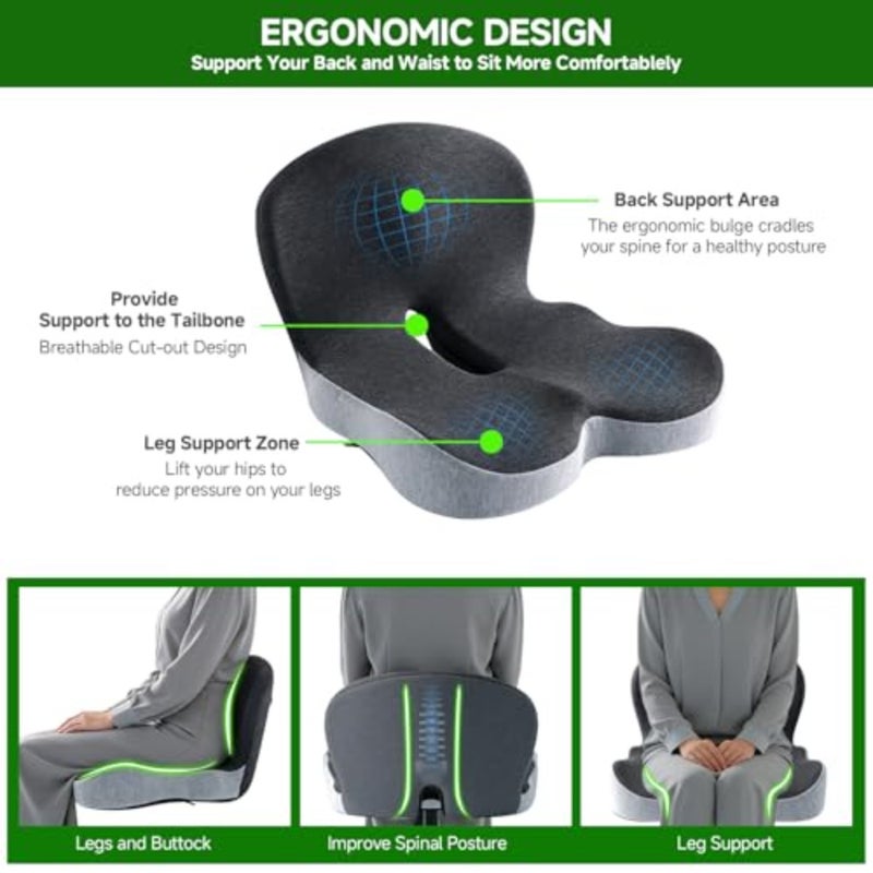 Office Chair Cushion Seat Cushion for Car Premium Memory Foam Lumbar Support Pillow with Coccyx Cut-Out For Tailbone, Back Sciatica Pain Relief Ergonomic Wheelchair Pad with Washable Cover - Image 3