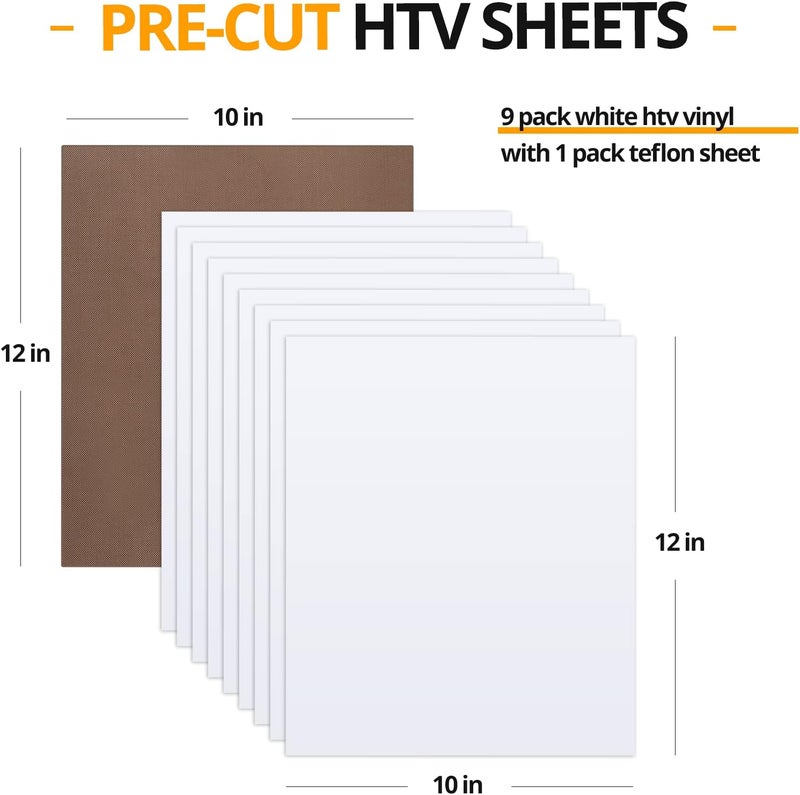 HTVRONT White Heat Transfer Vinyl Bundle - 10 Pack 12" x 10" HTV Vinyl for T-Shirt, White Iron on Vinyl for for All Cutting Machine or Heat Press Machine - Image 2
