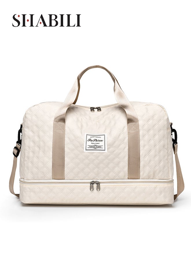 SHABILI Women Nylon Sports Bag Tourist Trolley Duffel Tote Shoulder Crossbody Bag with Large-Capacity Quilted Multi-Pocket Design, Ladies Teen Youth Weekender for Casual Party Travel, Carryall (Beige) - Image 1