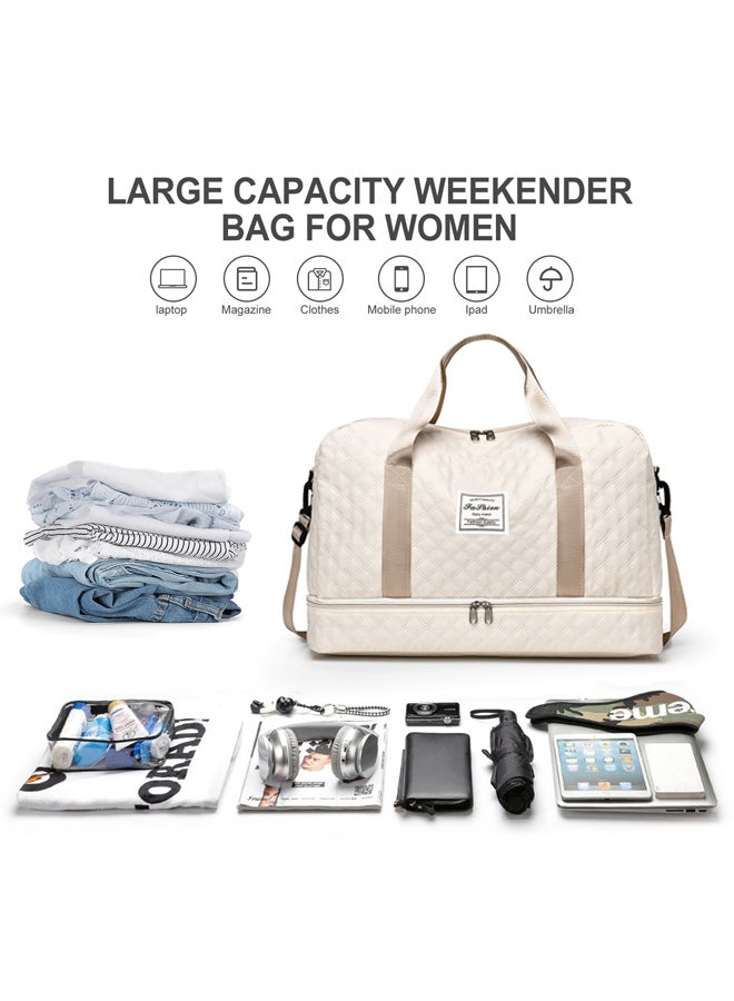 SHABILI Women Nylon Sports Bag Tourist Trolley Duffel Tote Shoulder Crossbody Bag with Large-Capacity Quilted Multi-Pocket Design, Ladies Teen Youth Weekender for Casual Party Travel, Carryall (Beige) - Image 3