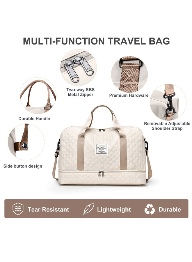 SHABILI Women Nylon Sports Bag Tourist Trolley Duffel Tote Shoulder Crossbody Bag with Large-Capacity Quilted Multi-Pocket Design, Ladies Teen Youth Weekender for Casual Party Travel, Carryall (Beige) - Image 2