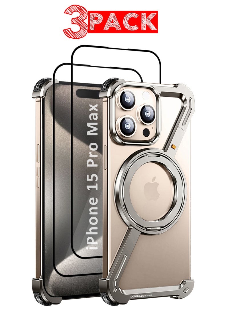 CATANES (For Apple iPhone 15 Pro Max) 3Packs, Z-Shaped MagSafe Case with Metal Stand and 360° Rotation Metal Case Cover - Natural Titanium - Image 1
