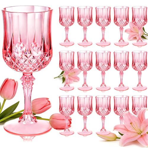 Ciaell 24PCS Pink Plastic Wine Glasses - 7 Oz Plastic Goblets for Party - Pink Vintage Drinking Glasses - Disposable Water Goblets Set for Wedding, Bar, Wine, Cocktail, Whiskey - Image 1