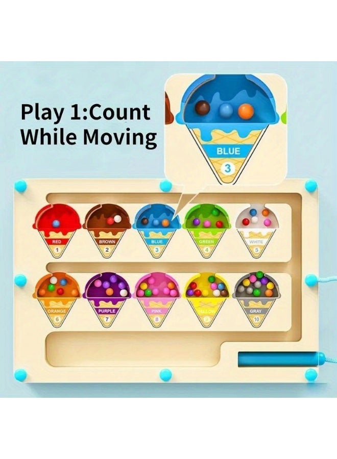 Capstro Wooden Magnetic Bead Maze Board – Kids Color Sorting & Counting Puzzle with Magnetic Pen, Ice Cream Theme | Montessori Learning Toy for Focus & Coordination – Ice Cream Magnetic Bead Maze - Image 3