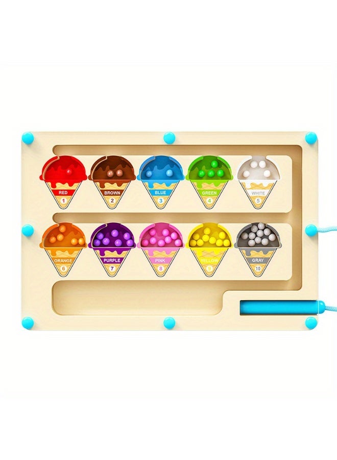 Capstro Wooden Magnetic Bead Maze Board – Kids Color Sorting & Counting Puzzle with Magnetic Pen, Ice Cream Theme | Montessori Learning Toy for Focus & Coordination – Ice Cream Magnetic Bead Maze - Image 1