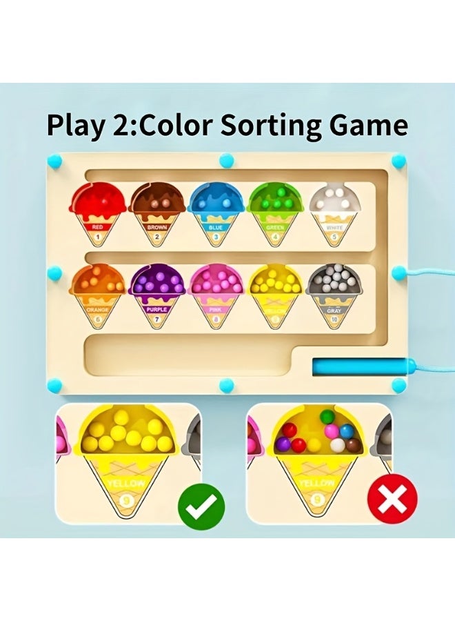 Capstro Wooden Magnetic Bead Maze Board – Kids Color Sorting & Counting Puzzle with Magnetic Pen, Ice Cream Theme | Montessori Learning Toy for Focus & Coordination – Ice Cream Magnetic Bead Maze - Image 4