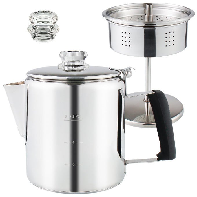 MULTI USE PERCOLATOR COFFEE POT STAINLESS STEEL STOVE TOP COFFEE MAKER WITH TWO TOUGH BOROSILICATE GLASS KNOB SILICA HANDLE CAMPING COFFEE POT USING ON CAMPFIRE STOVE INDUCTION COOKER SILVER 6 CUP