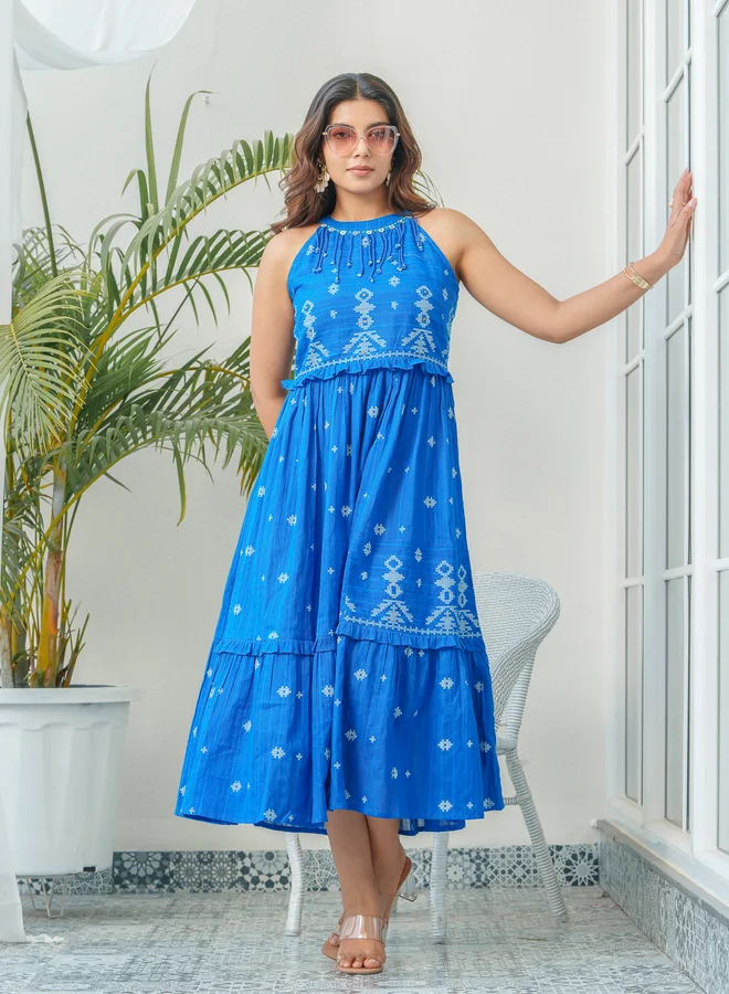 DW DW Printed Embellished Sleeveless A-Line Midi Dress