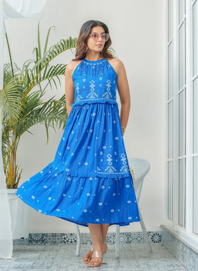 DW DW Printed Embellished Sleeveless A-Line Midi Dress