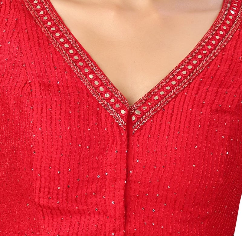 Studio Shringaar Women's Readymade Polyester Elbow Length Sleeves Saree Blouse with Mirror Work (Red,40) - Image 5