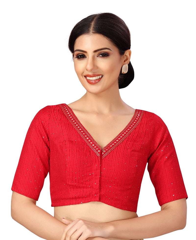 Studio Shringaar Women's Readymade Polyester Elbow Length Sleeves Saree Blouse with Mirror Work (Red,40) - Image 1