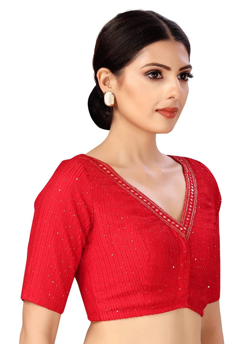 Studio Shringaar Women's Readymade Polyester Elbow Length Sleeves Saree Blouse with Mirror Work (Red,40) - Image 4