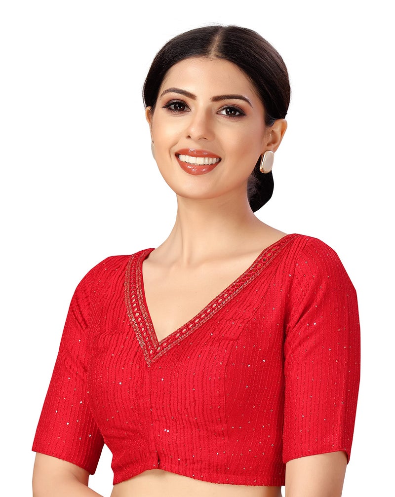 Studio Shringaar Women's Readymade Polyester Elbow Length Sleeves Saree Blouse with Mirror Work (Red,40) - Image 3