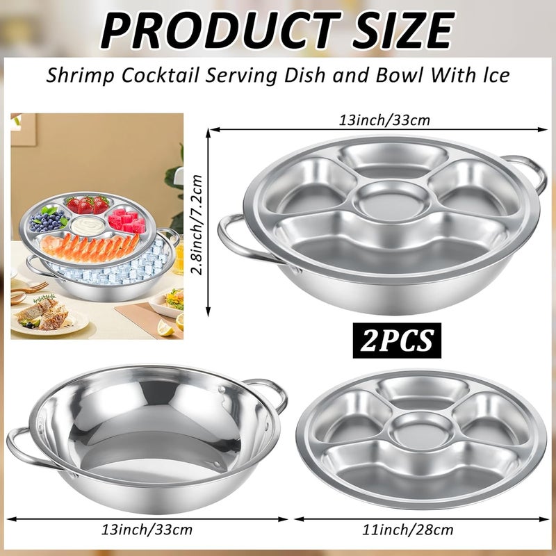 FMOACEN 2 Set Shrimp Cocktail Serving Dish 11 Inch Stainless Steel Dip Chiller Serving Bowl 2 5Section Chilled Food Trays 2 Round Plate with Handle for Dinner Buffet Seafood Oysters Crawfish Veggie Fruit - Image 3