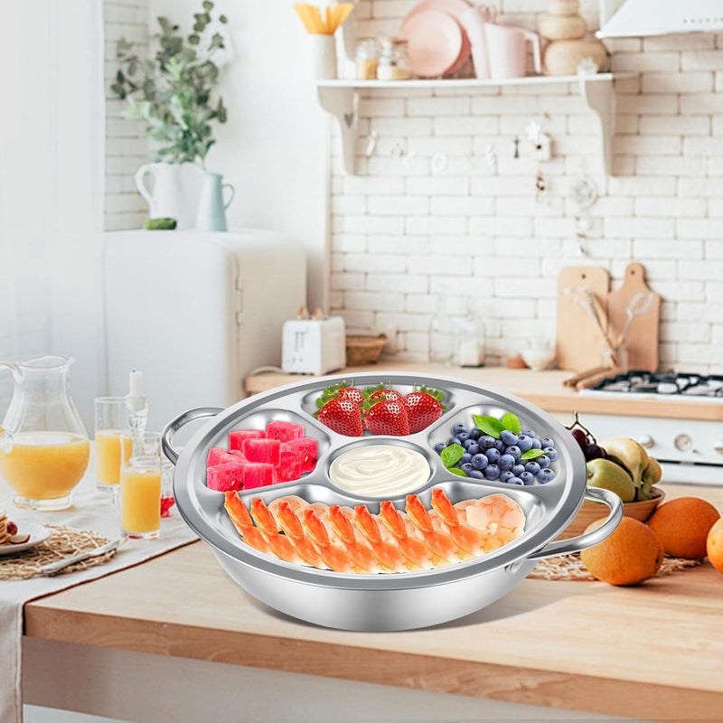 FMOACEN 2 Set Shrimp Cocktail Serving Dish 11 Inch Stainless Steel Dip Chiller Serving Bowl 2 5Section Chilled Food Trays 2 Round Plate with Handle for Dinner Buffet Seafood Oysters Crawfish Veggie Fruit - Image 5