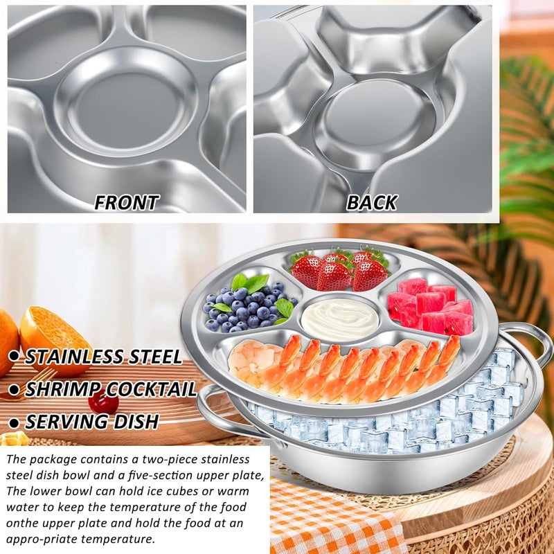 FMOACEN 2 Set Shrimp Cocktail Serving Dish 11 Inch Stainless Steel Dip Chiller Serving Bowl 2 5Section Chilled Food Trays 2 Round Plate with Handle for Dinner Buffet Seafood Oysters Crawfish Veggie Fruit - Image 2
