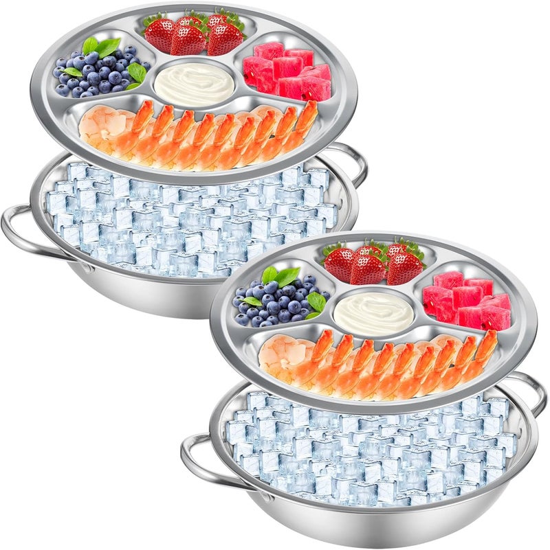 FMOACEN 2 Set Shrimp Cocktail Serving Dish 11 Inch Stainless Steel Dip Chiller Serving Bowl 2 5Section Chilled Food Trays 2 Round Plate with Handle for Dinner Buffet Seafood Oysters Crawfish Veggie Fruit - Image 1