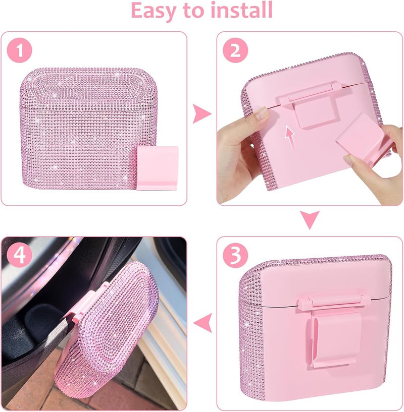 accmor Bling Car Trash Can with Lid, Leak-Proof Mini Vehicle Trash Bin Automotive Dustbin Organizer Storage, Sparkling Crystal Trash Bag Container with 30pcs Garbage Bags for Car, Home, Office (Pink) - Image 4