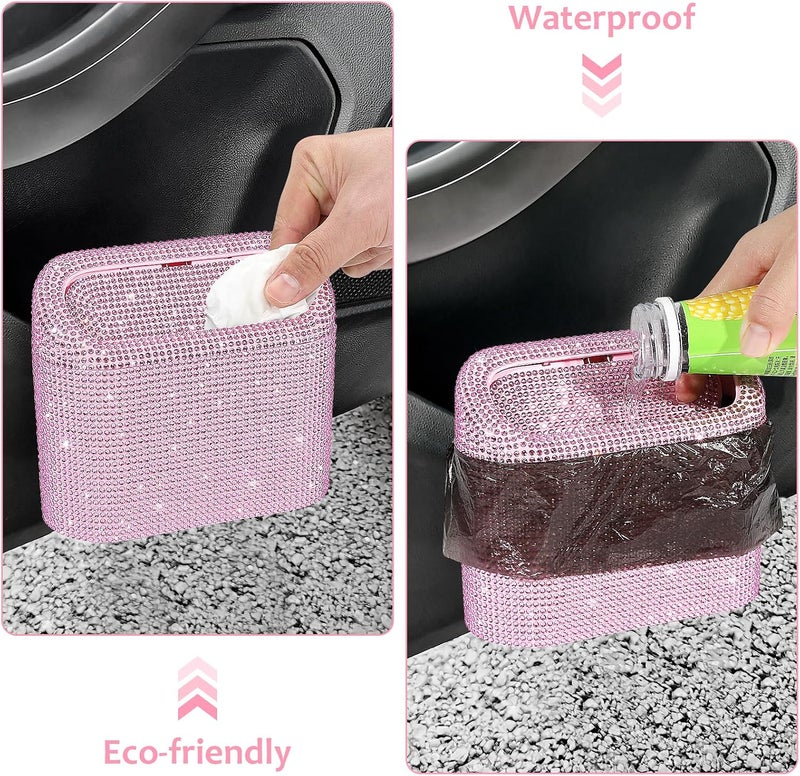 accmor Bling Car Trash Can with Lid, Leak-Proof Mini Vehicle Trash Bin Automotive Dustbin Organizer Storage, Sparkling Crystal Trash Bag Container with 30pcs Garbage Bags for Car, Home, Office (Pink) - Image 5