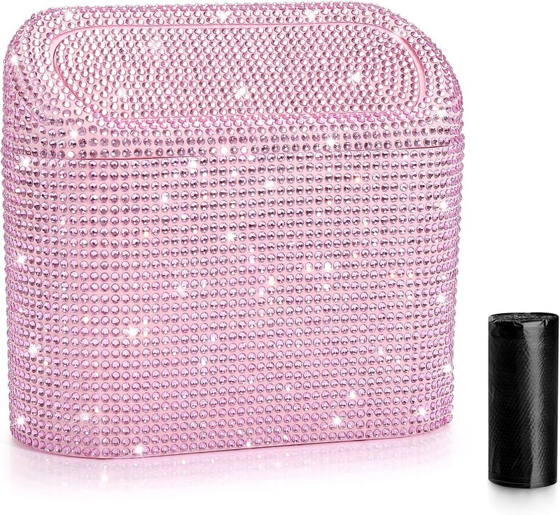 accmor Bling Car Trash Can with Lid, Leak-Proof Mini Vehicle Trash Bin Automotive Dustbin Organizer Storage, Sparkling Crystal Trash Bag Container with 30pcs Garbage Bags for Car, Home, Office (Pink) - Image 1