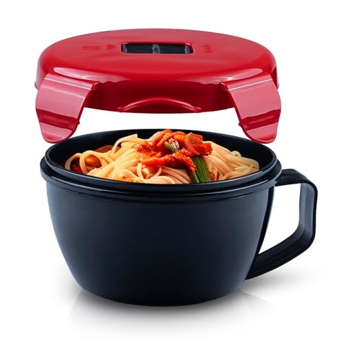 MATICAN Microwave Soup Bowl with Lid, Soup Mug with Lid, Microwave Containers for Ramen Noodles, Soup, Beverages, 31.11 Ounces, Red, Black - Image 1