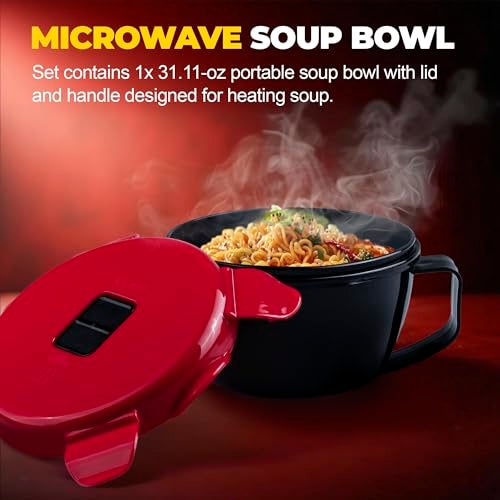 MATICAN Microwave Soup Bowl with Lid, Soup Mug with Lid, Microwave Containers for Ramen Noodles, Soup, Beverages, 31.11 Ounces, Red, Black - Image 2