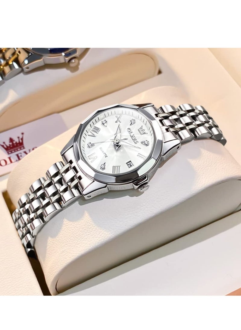 OLEVS Women's Watch Fashion Dress Diamond Women's Watch Analog Quartz Stainless Steel Waterproof Luminous Date Two-tone Watch - Image 2