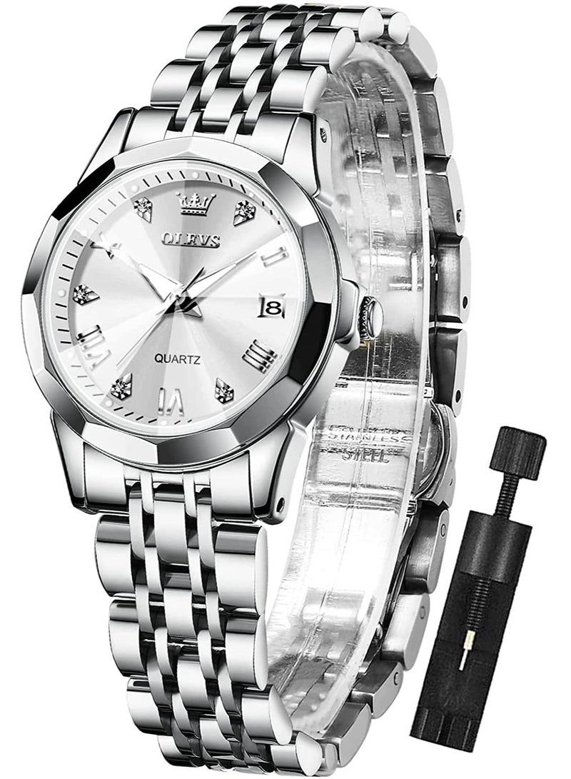 OLEVS Women's Watch Fashion Dress Diamond Women's Watch Analog Quartz Stainless Steel Waterproof Luminous Date Two-tone Watch - Image 3
