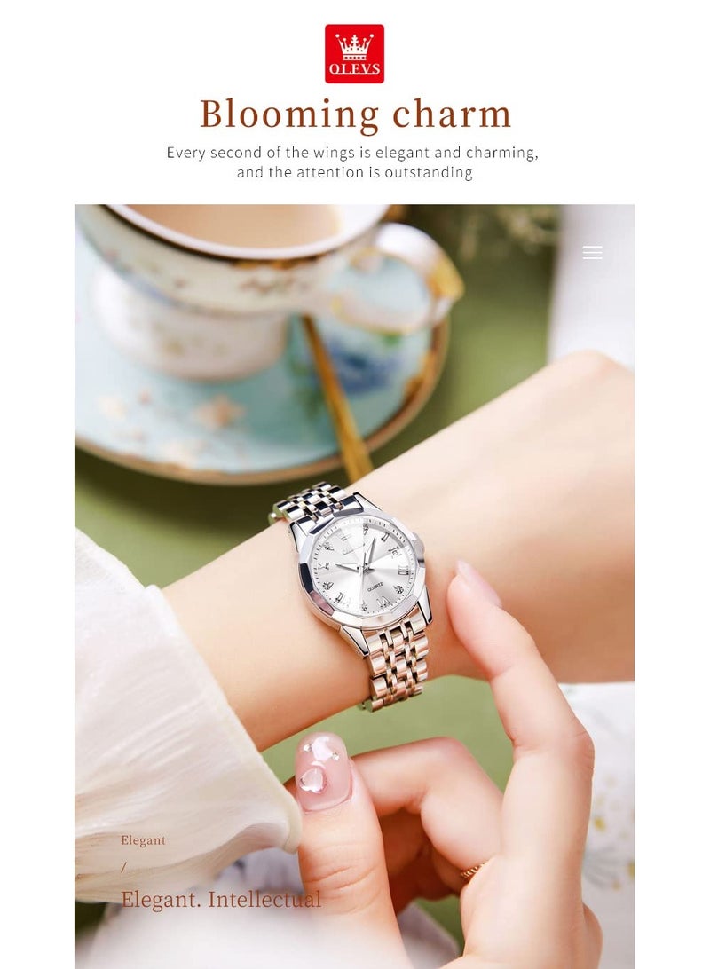 OLEVS Women's Watch Fashion Dress Diamond Women's Watch Analog Quartz Stainless Steel Waterproof Luminous Date Two-tone Watch - Image 5