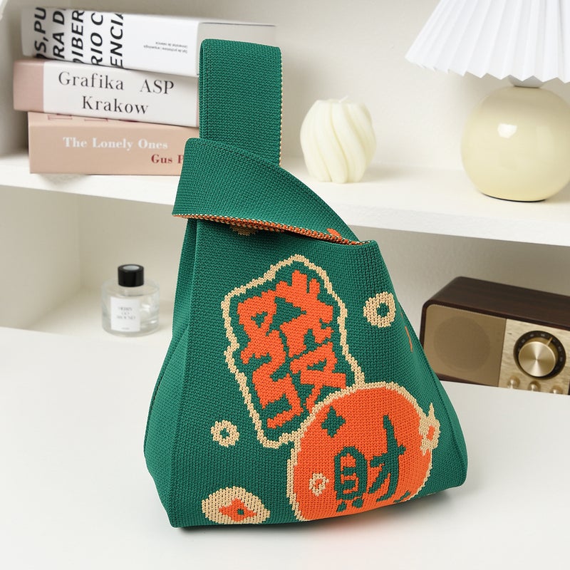 Large Capacity Small Bag Womens Knitted Handbag for Going Out to Work Storage Handbag Small Fresh Cartoon Tote Bag #568 frame rich green bottom