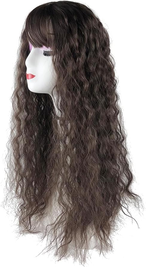 Middle Part Clip in Forehead Hairpiece Loose Curly Topper with 3D Neat Fringe for Full Head Wear Dark Brown