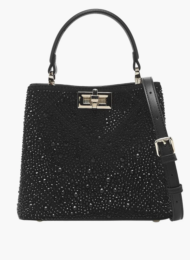 Embellished Shoulder Bag with Adjustable Strap and Twist Lock Closure