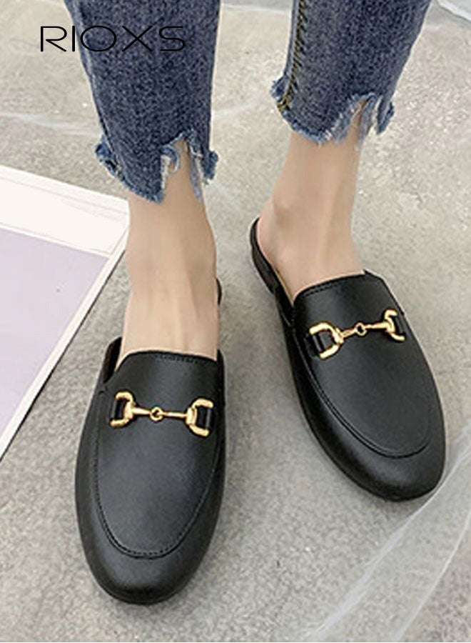 ريوكس حذاء نسائي مسطح بإبزيم مسطح، صندل مغلق من الأمام مغلق من الأمام مريح عصري، حذاء مسطح بدون ظهر، حذاء مسطح بدون كعب، صندل عصري بنعل مرن غير قابل للانزلاق، سهل الارتداء والخلع - Image 1