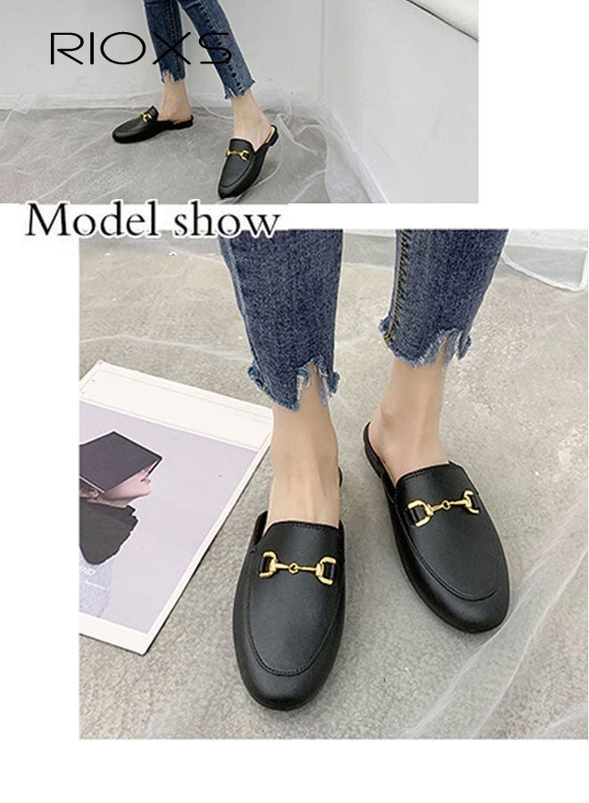 ريوكس حذاء نسائي مسطح بإبزيم مسطح، صندل مغلق من الأمام مغلق من الأمام مريح عصري، حذاء مسطح بدون ظهر، حذاء مسطح بدون كعب، صندل عصري بنعل مرن غير قابل للانزلاق، سهل الارتداء والخلع - Image 2