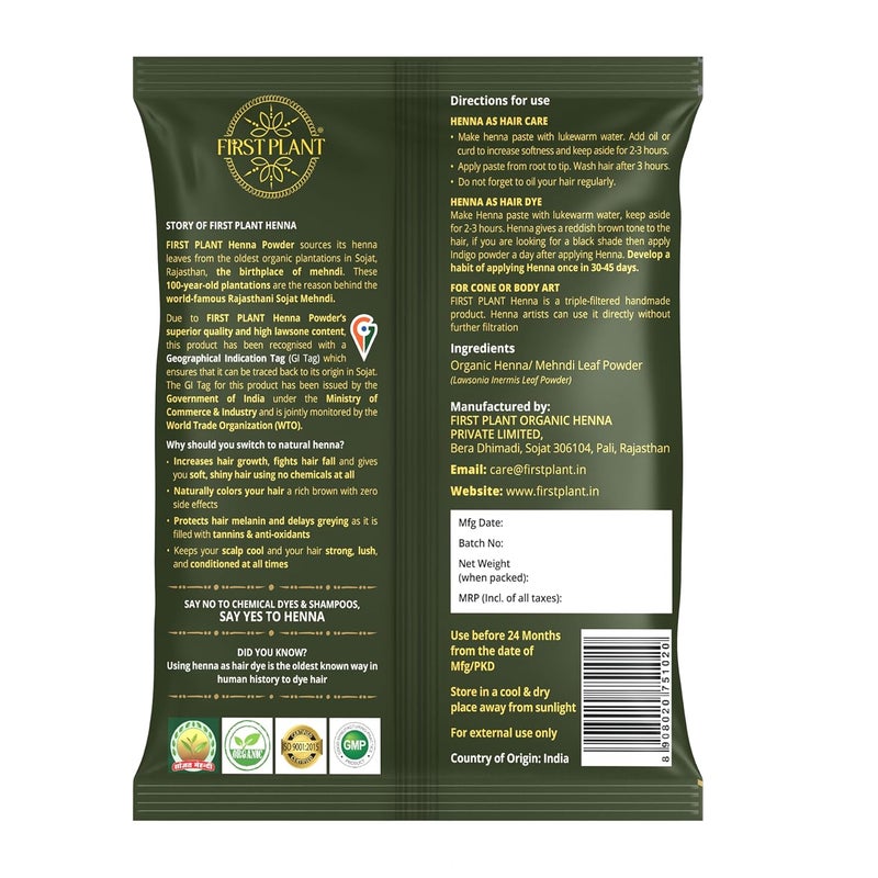FIRST PLANT Premium Rajasthani HENNA POWDER 100 ORGANIC Henna with GI Tag for Hair Colour and Hair Care Pack of 2 x 400g - Image 2