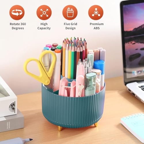 INKULTURE 360-Degree Rotating Pen Holder for Desk, Desk Organizers and Accessories with 5 Compartments Pencil Organizer, Art Supply Storage Box Caddy for Office and Home, White - Image 3
